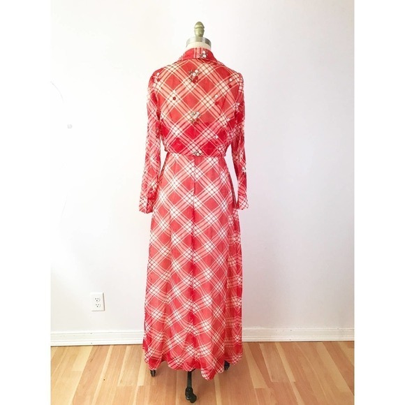 70s Gingham Maxi Dress Red Picnic Long Embroidered Garden Longsleeve 2 Piece Set - Picture 5 of 10